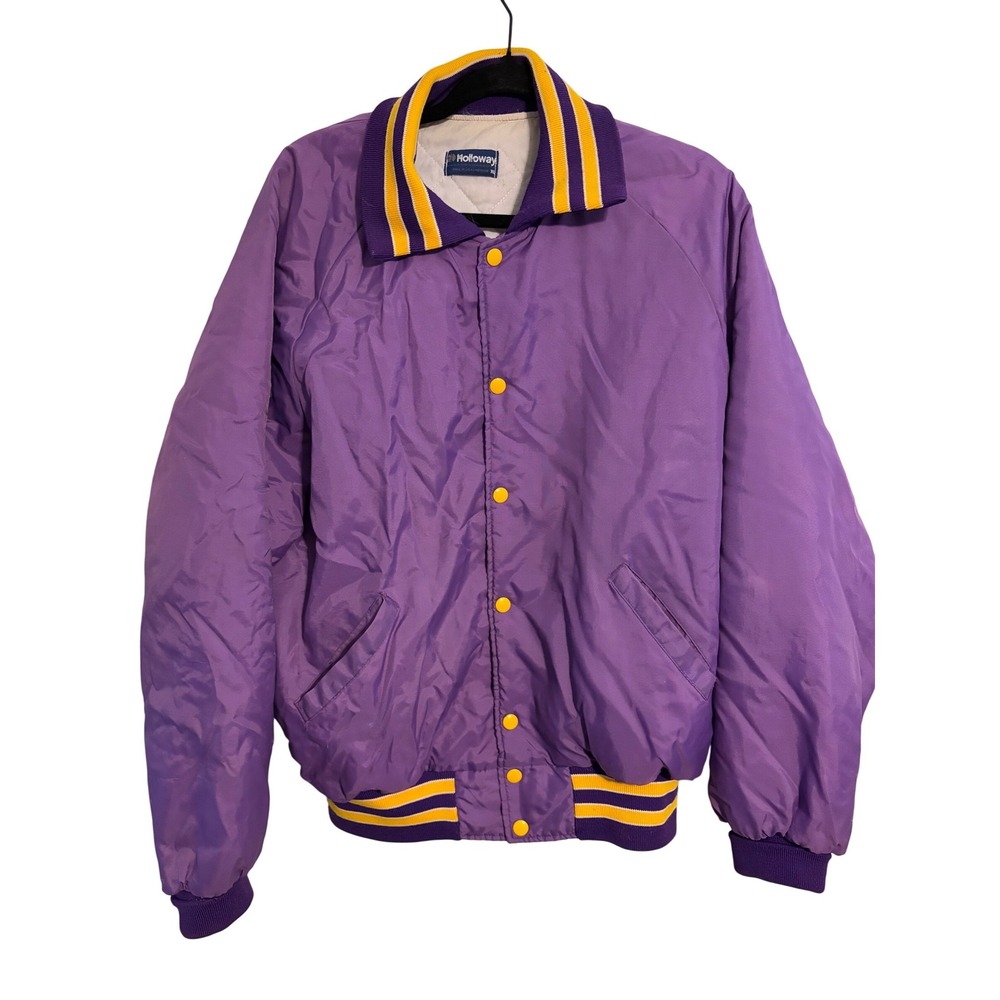 Holloway‎ Varsity Bomber Jacket Vintage Retro Purple Yellow Snap Front XL